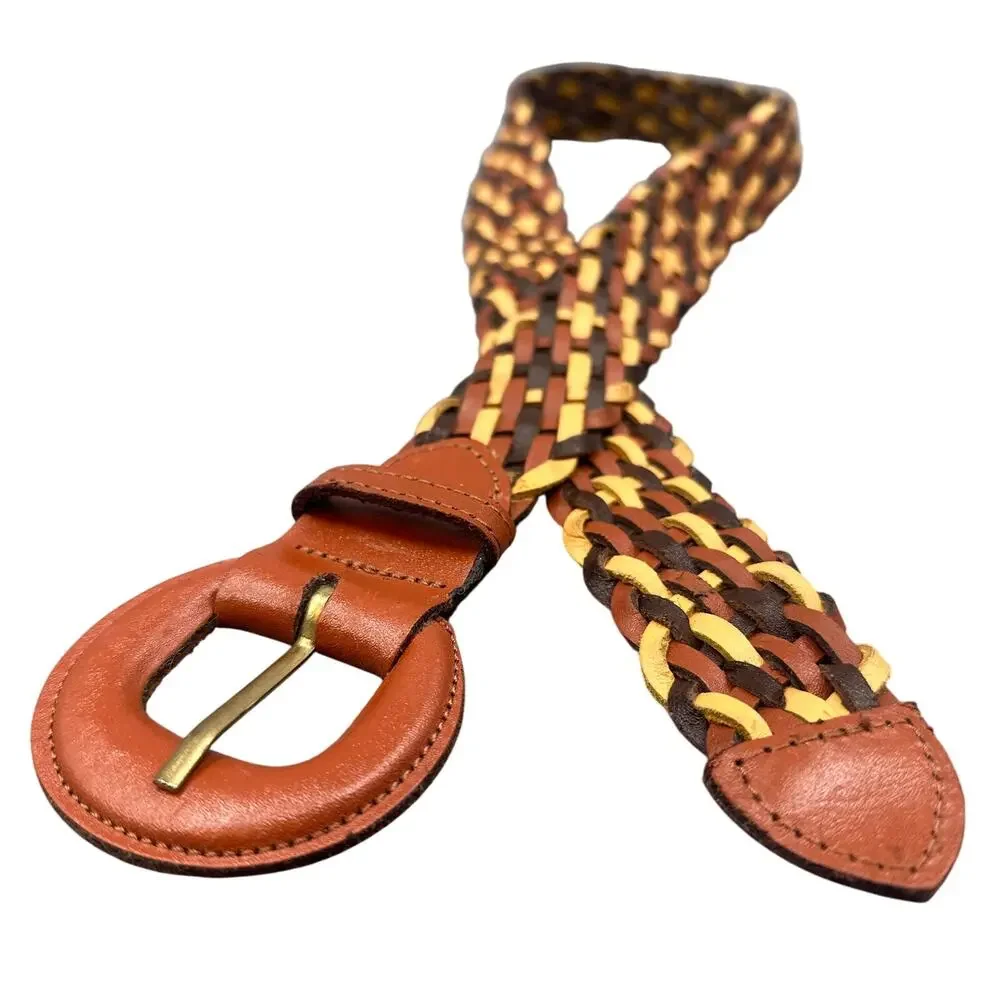 Argentina Leather Belt XL Multicolor Brown Yellow Braided Woven Boho Western Y2K